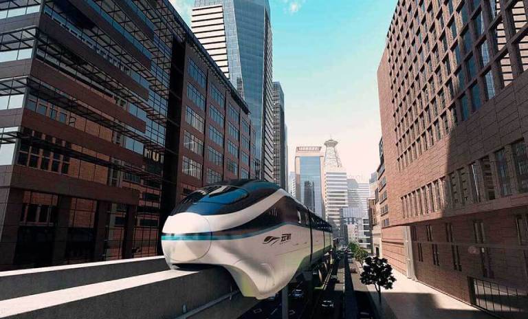 Simulación gráfica del monorriel eléctrico SkyRail desplazándose por una ciudad