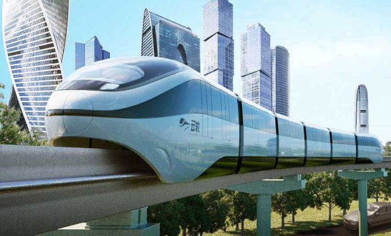 Simulación gráfica del monorriel eléctrico SkyRail desplazándose por una ciudad